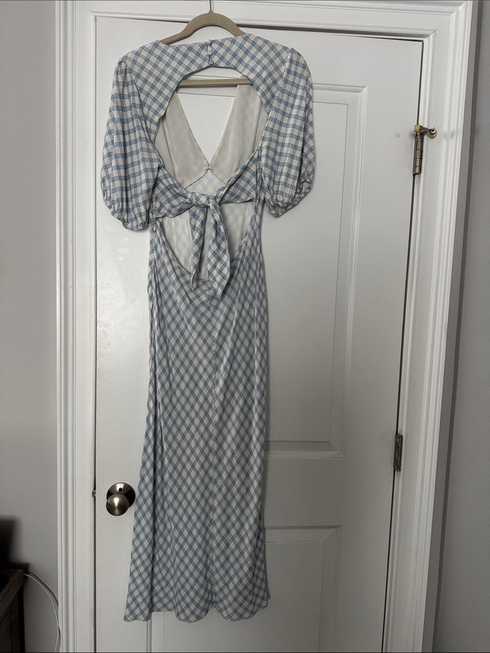 Rixo Printed Steph Dress White Blue Gingham Checkered Deep V Tie Back Size M - Picture 3 of 9